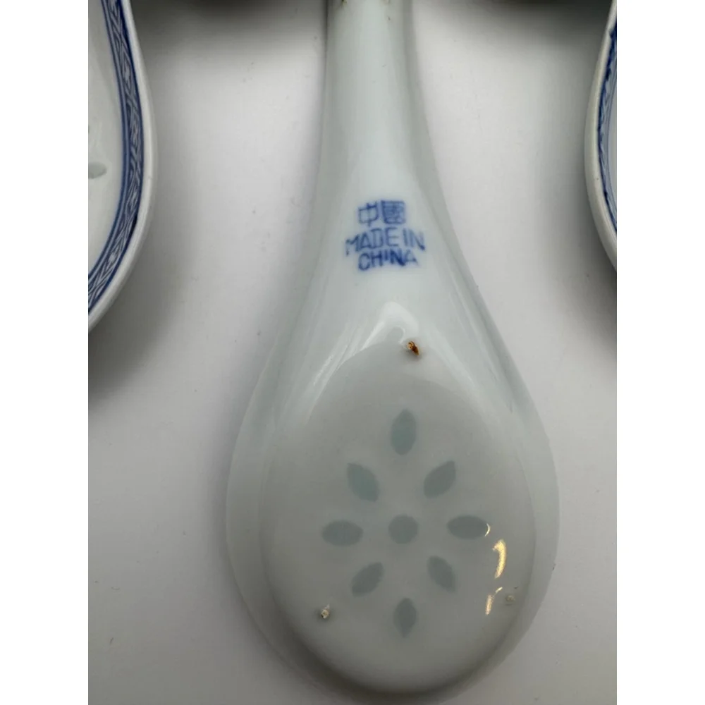Chinese Rice Grain Soup Spoons Set 7 White and Blue